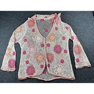 J.Jill Hand Crochet Y2K Blush Pink Collared Knit Croquette Girl Cardigan XL